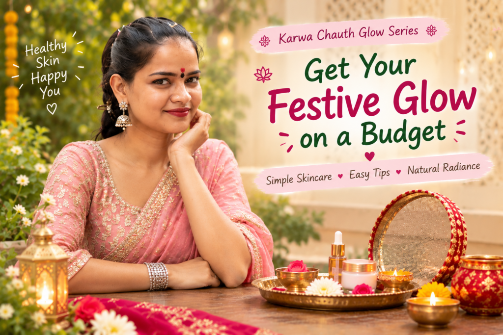 Glowing skin before Karwa Chauth with a woman in a festive pink traditional outfit and budget-friendly skincare essentials